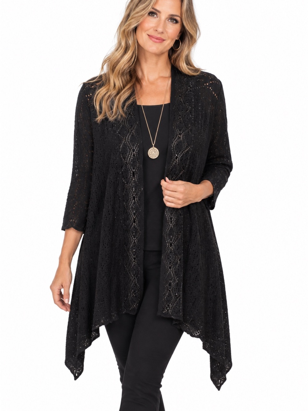 Black Open-Front Women's Crochet Cardigan Sweater